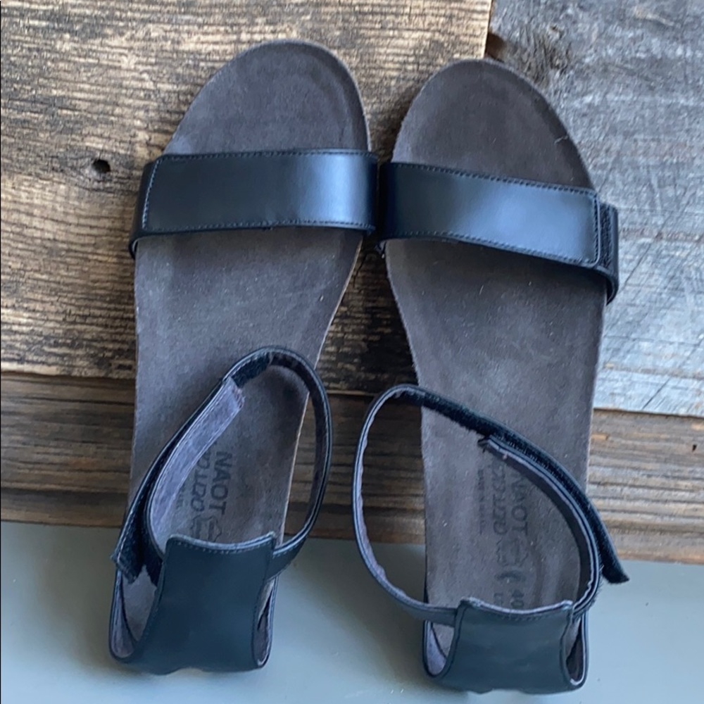NAOT Pixie black Leather Ankle Strap Wedge Sandals